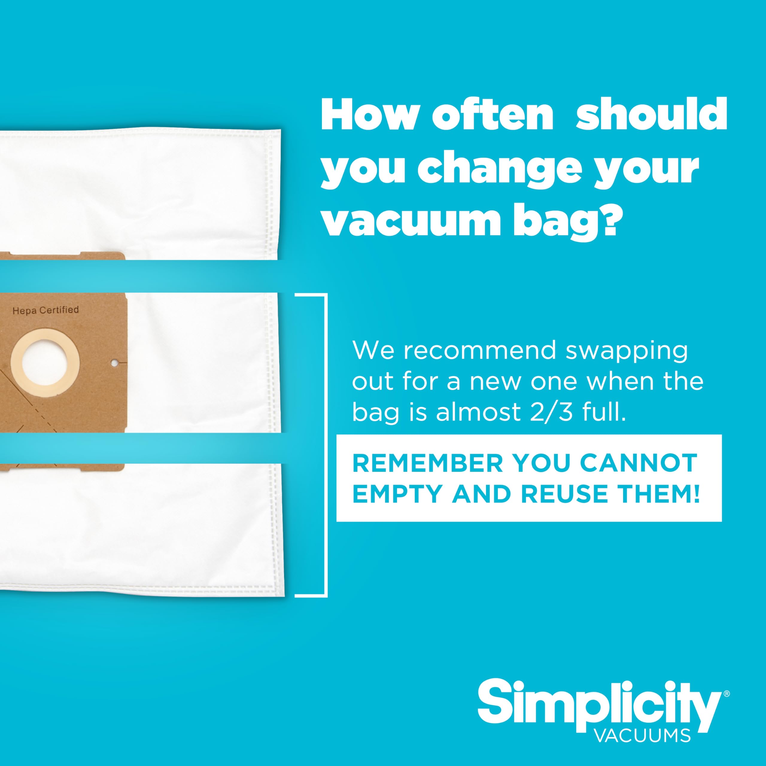Simplicity SZH-6 Type Z bag with cardboard collar closeup ensuring tight fit