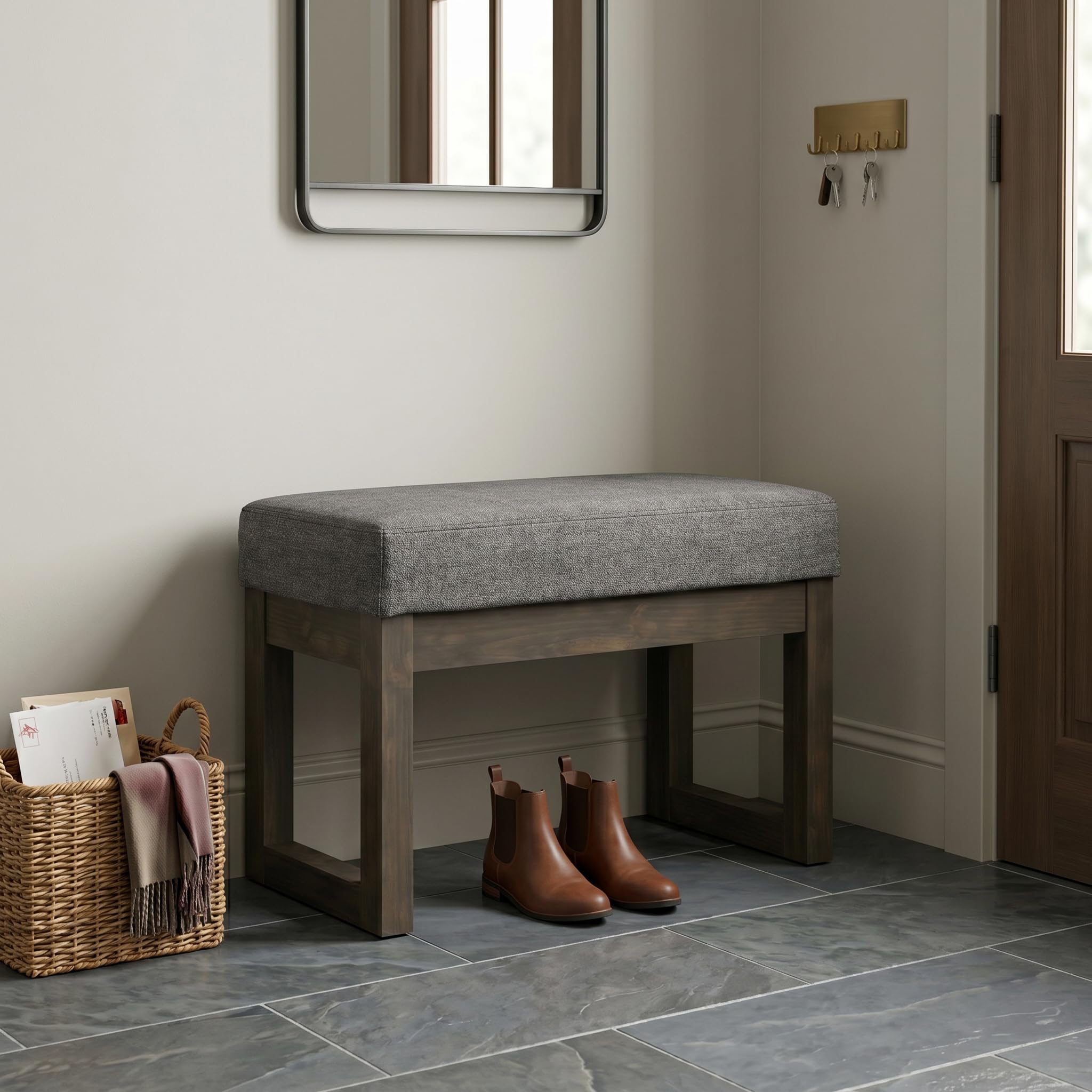 SIMPLIHOME Milltown cushion closeup highlights soft grey linen-look fabric and supportive padding.