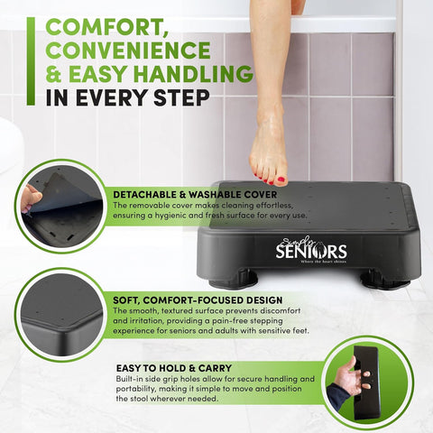 Simply Seniors Small Step Stool black in bed-step use beside a high bed.