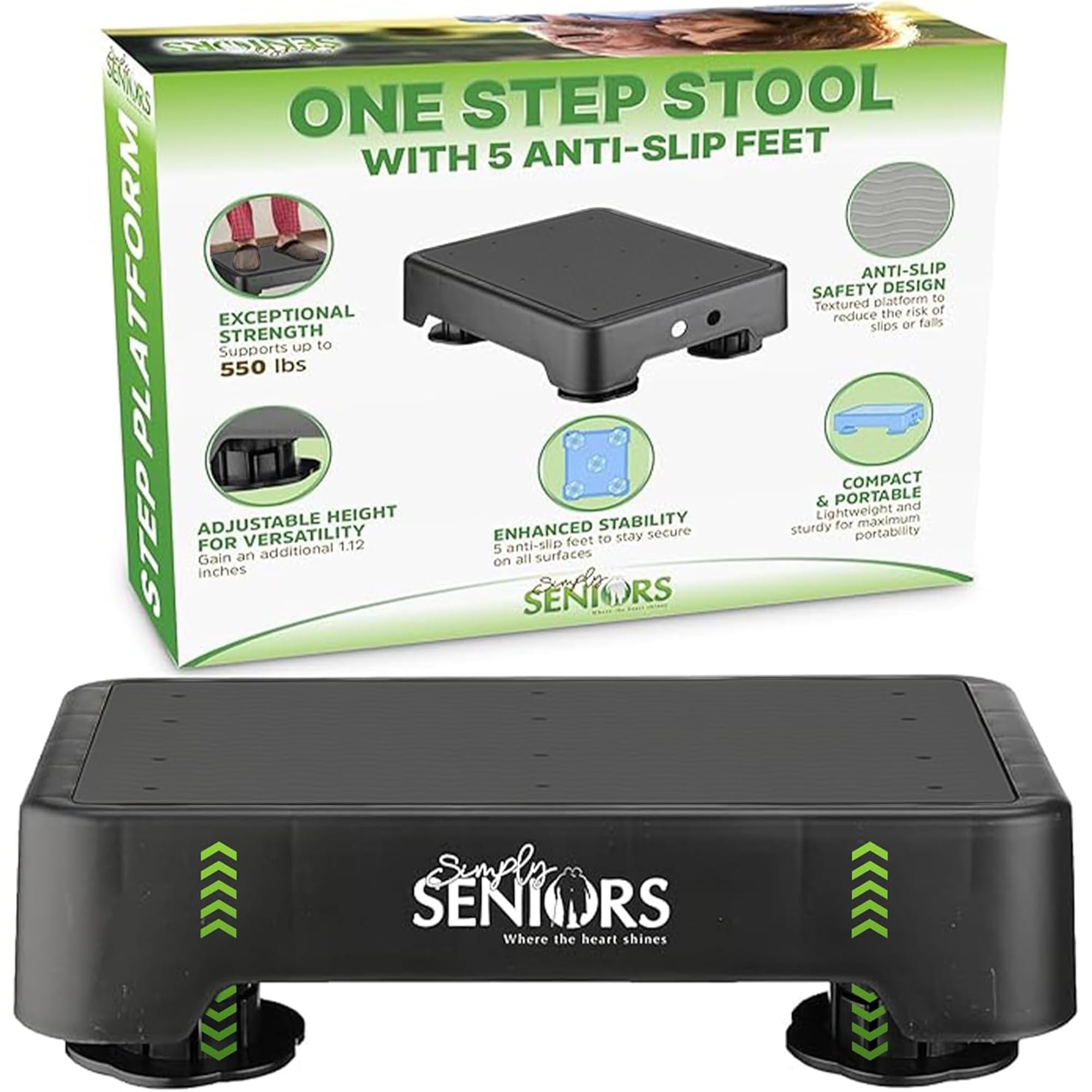Simply Seniors Small Step Stool black front view with anti-slip feet for added stability.