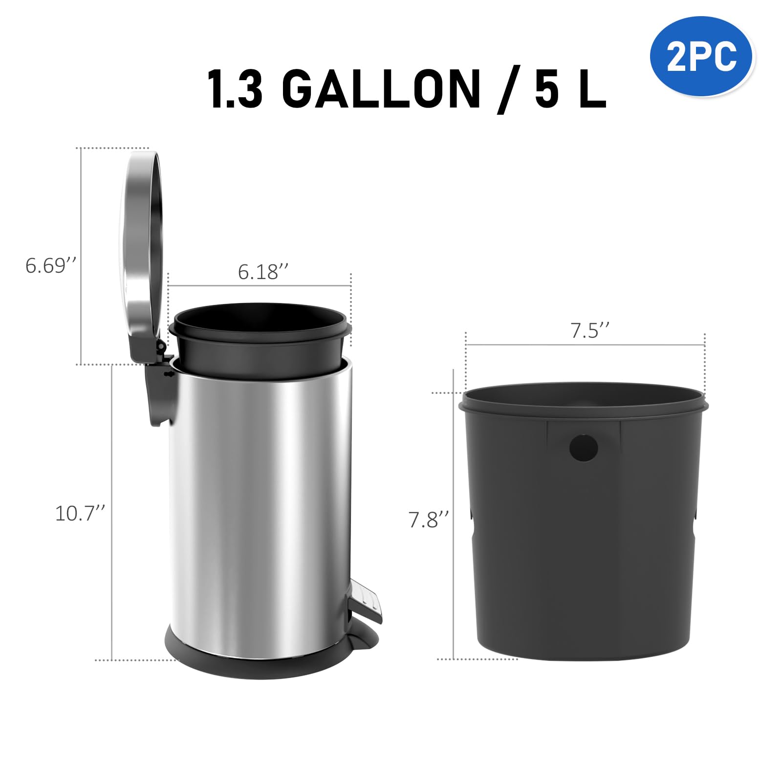 SIMPLYKLEEN 5L trash can with foot pedal for hands-free use