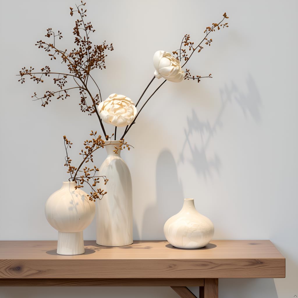 SincereLuxe white ceramic vase set 3 with beige stone texture for shelf display