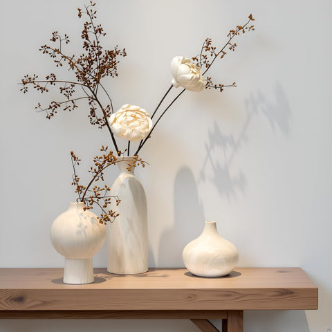 SincereLuxe white ceramic vase set 3 with beige stone texture for shelf display