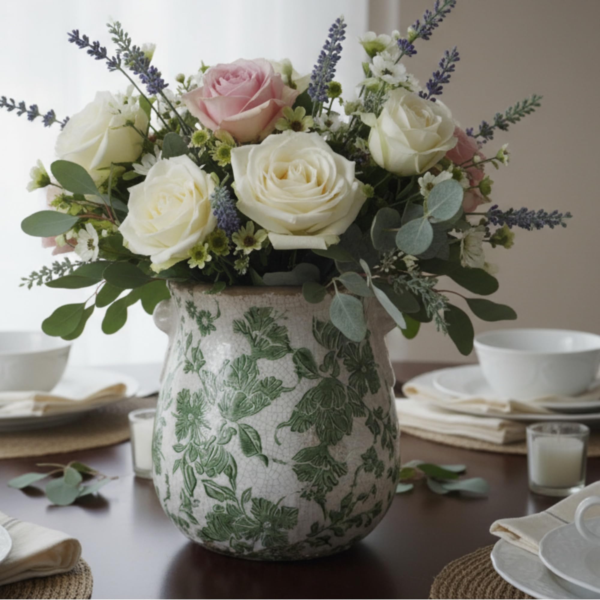 Sincerluxe hand-painted green floral pattern vase for real or artificial stems.