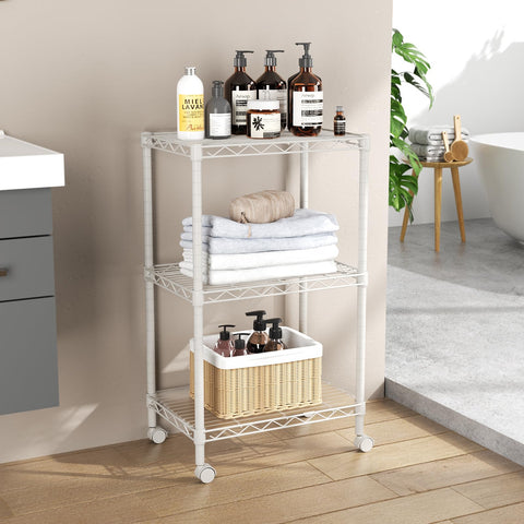 SINGAYE 3-shelf white wire shelving unit full view for kitchen and pantry organization.