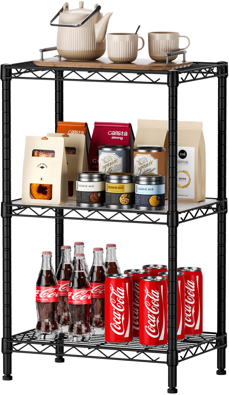Singaye 3-tier wire shelving unit with wheels in kitchen for organized pantry storage