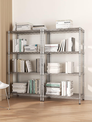 SINGAYE 4-shelf rack gray side view, sturdy construction for daily use.