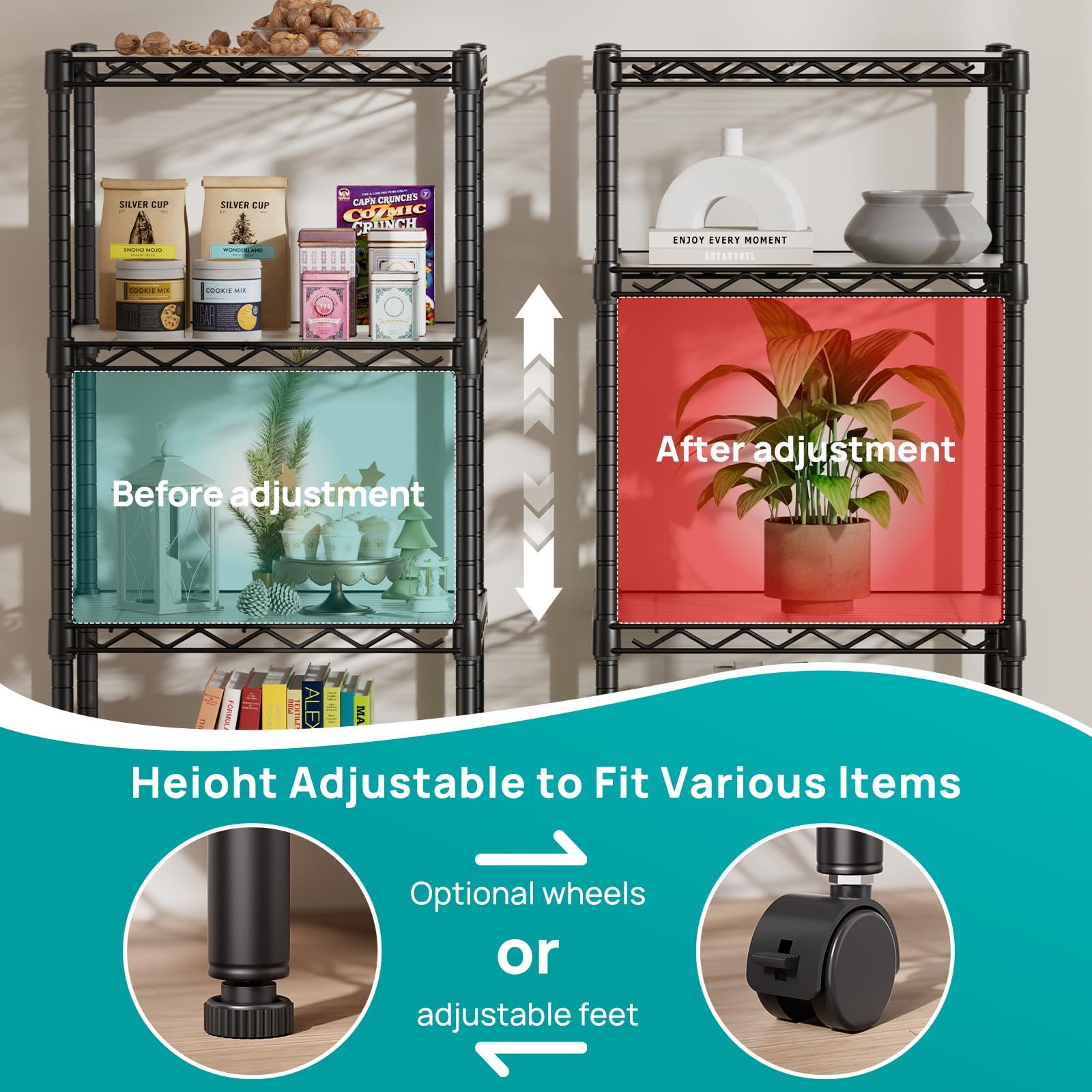 SINGAYE adjustable shelves demonstrate customizable height for varying items