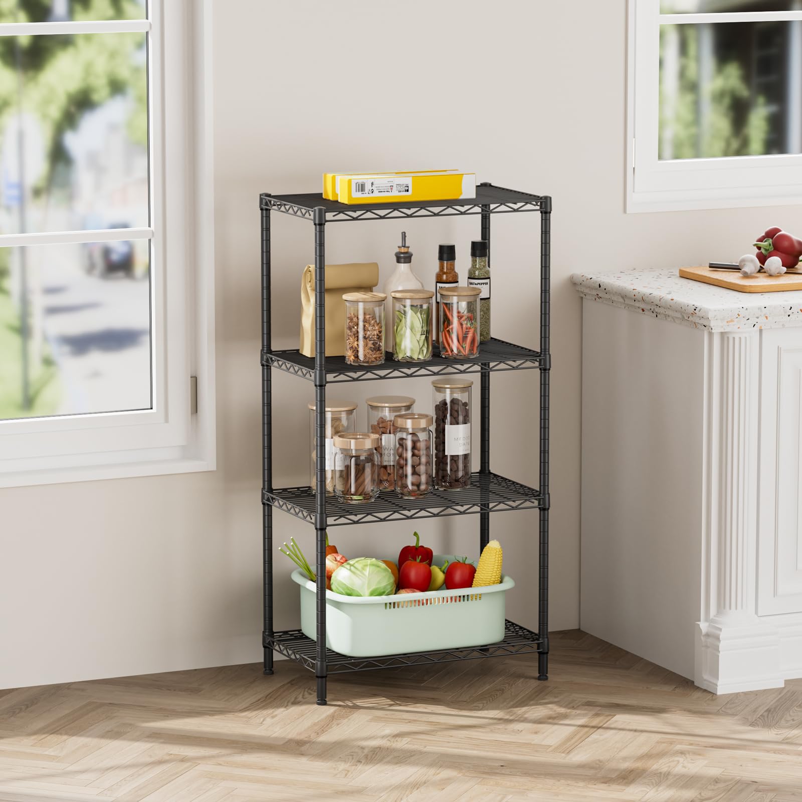 SINGAYE black metal rack provides sturdy storage for kitchen essentials and small appliances.