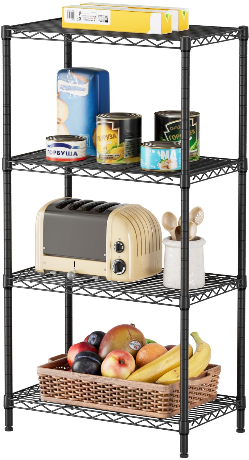 SINGAYE four-tier wire shelving unit neatly organizes pantry items with adjustable shelves.