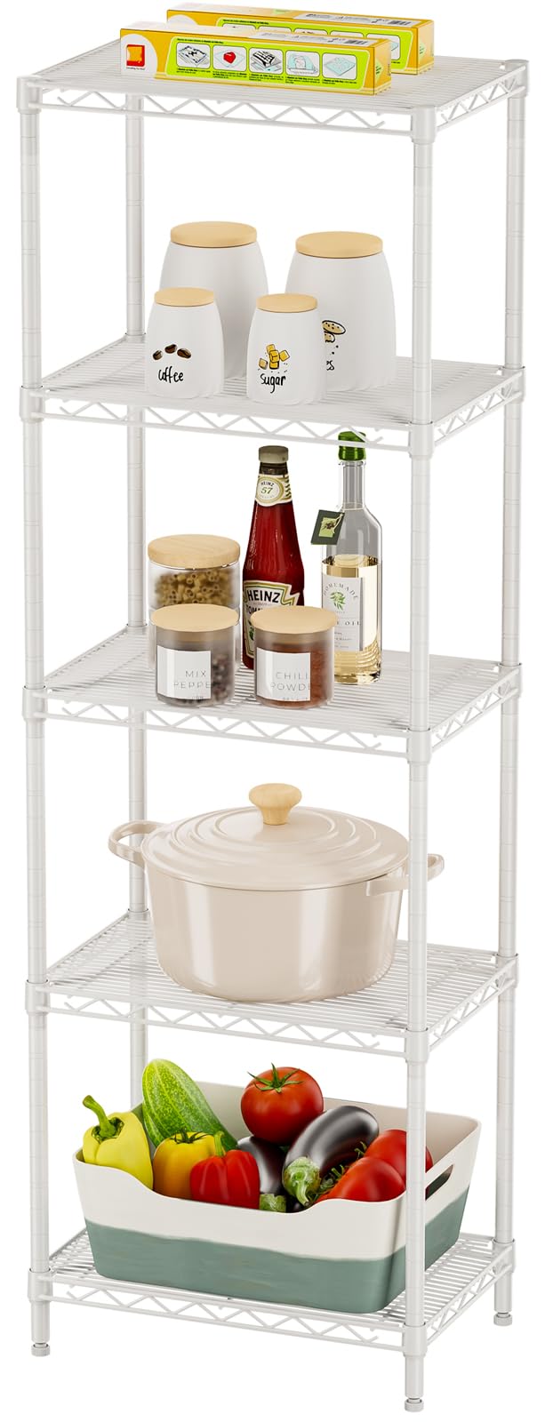 SINGAYE 5-shelf wire unit for space-saving kitchen and laundry storage.