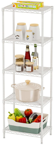 SINGAYE 5-shelf wire unit for space-saving kitchen and laundry storage.