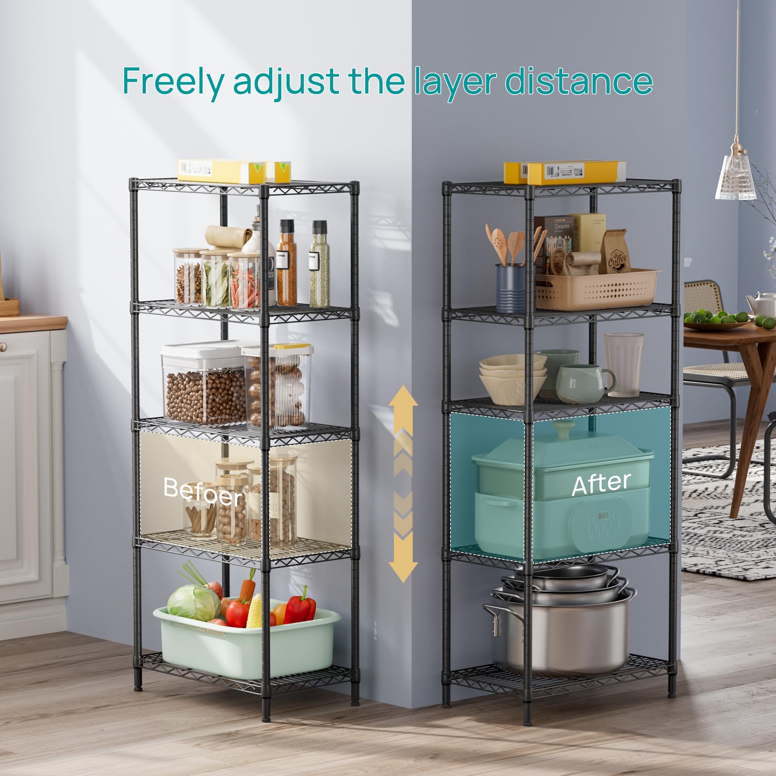 SINGAYE 5-tier wire shelving side view highlights adjustable shelves