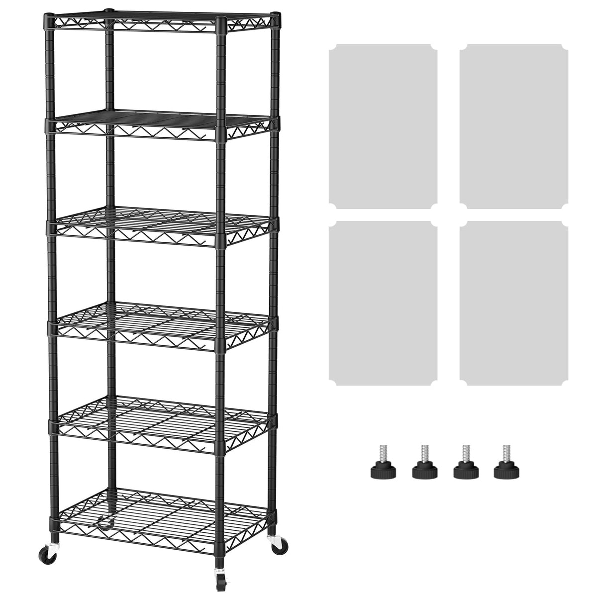 SINGAYE 6-shelf narrow wire shelving unit with wheels for easy mobility in kitchen or laundry.