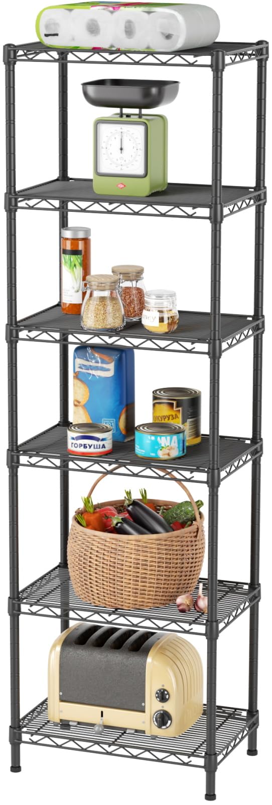 SINGAYE six-shelf unit front view with durable mesh for secure storage.