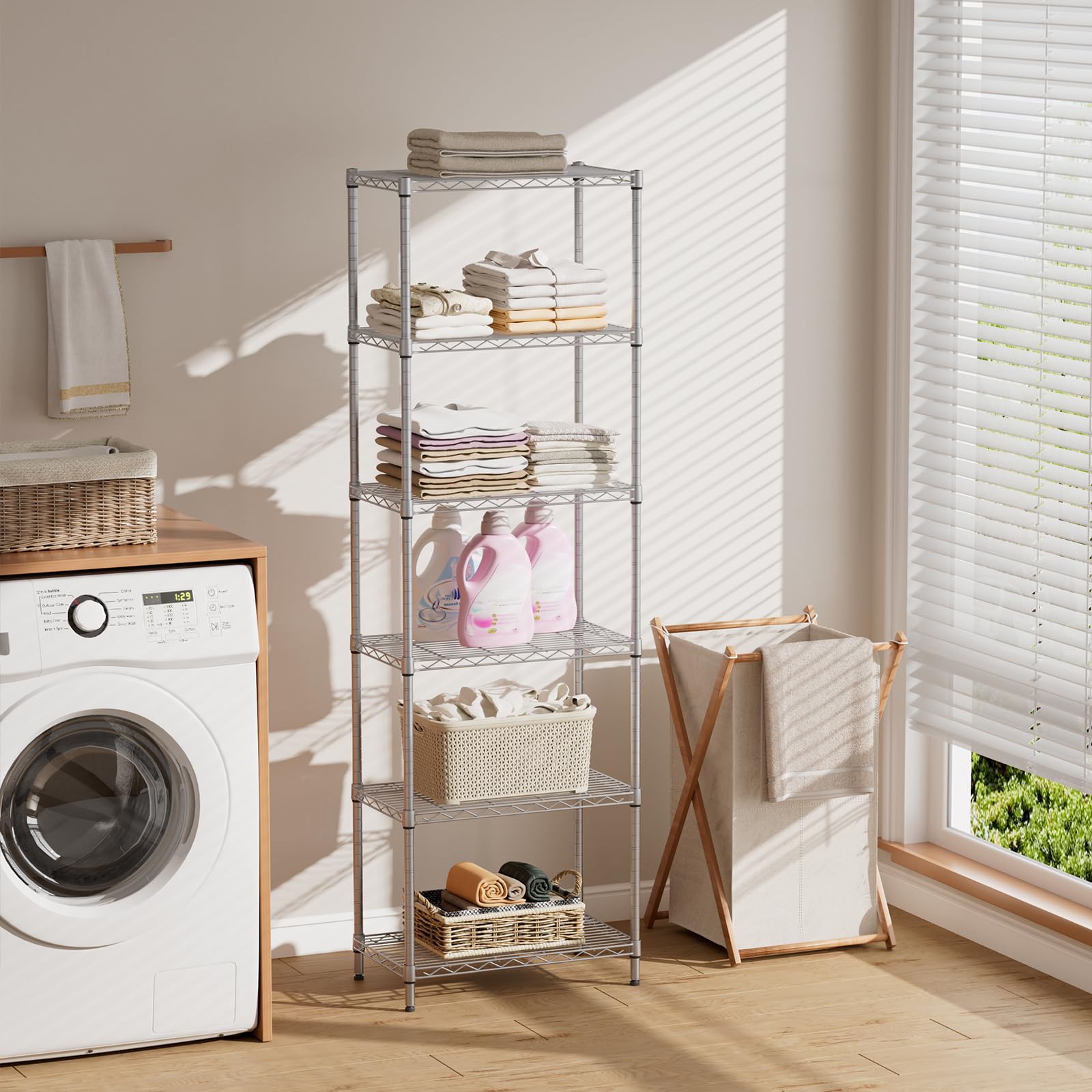 SINGAYE adjustable-height shelves display customizable spacing for tall items.