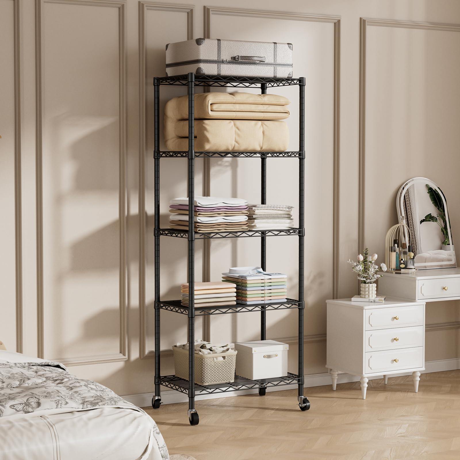 SINGAYE black metal shelving unit complements modern spaces.
