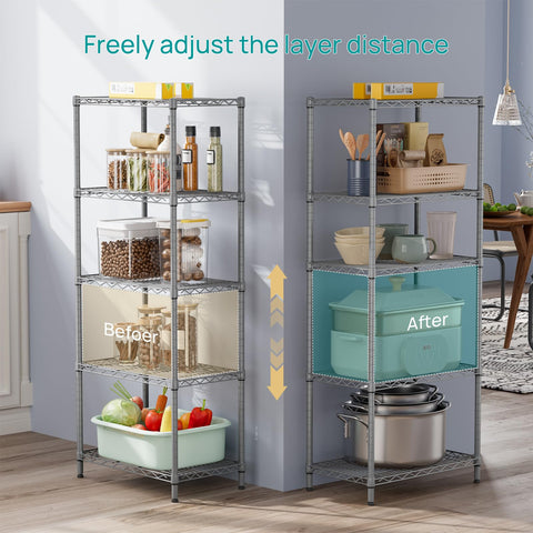 SINGAYE 5-tier shelving with down pole optimizing corner storage.