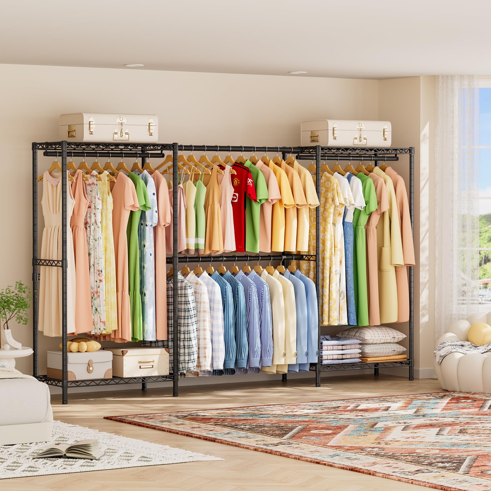 SINGAYE heavy-duty garment rack with shelves supports daily wardrobe storage