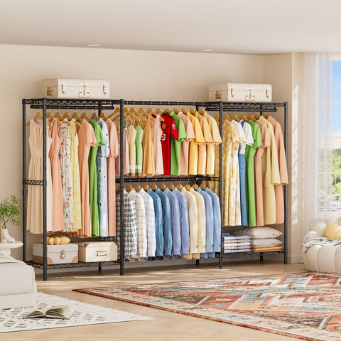 SINGAYE heavy-duty garment rack with shelves supports daily wardrobe storage