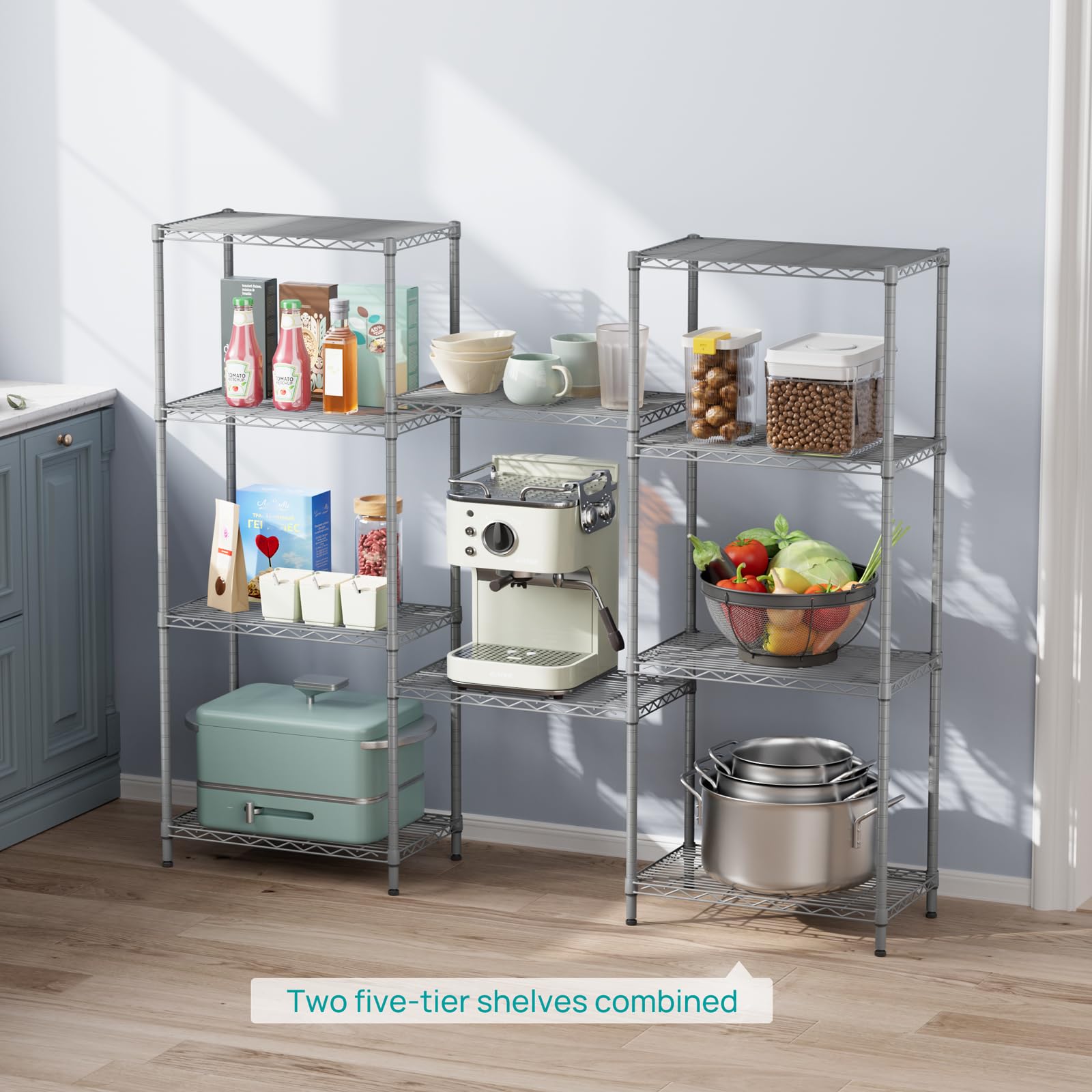 SINGAYE heavy-duty wire shelves in kitchen pantry for clutter control.