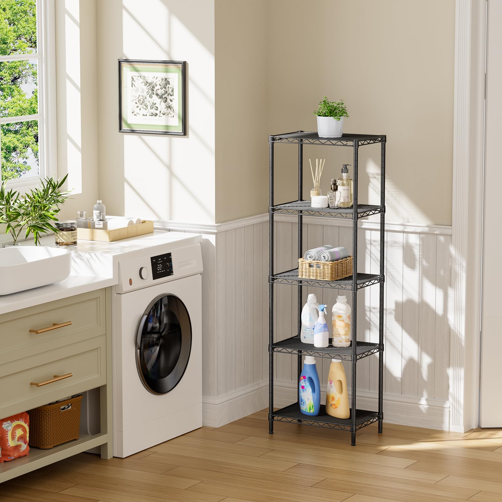 SINGAYE shelving unit loaded with bins demonstrates neat pantry organization.