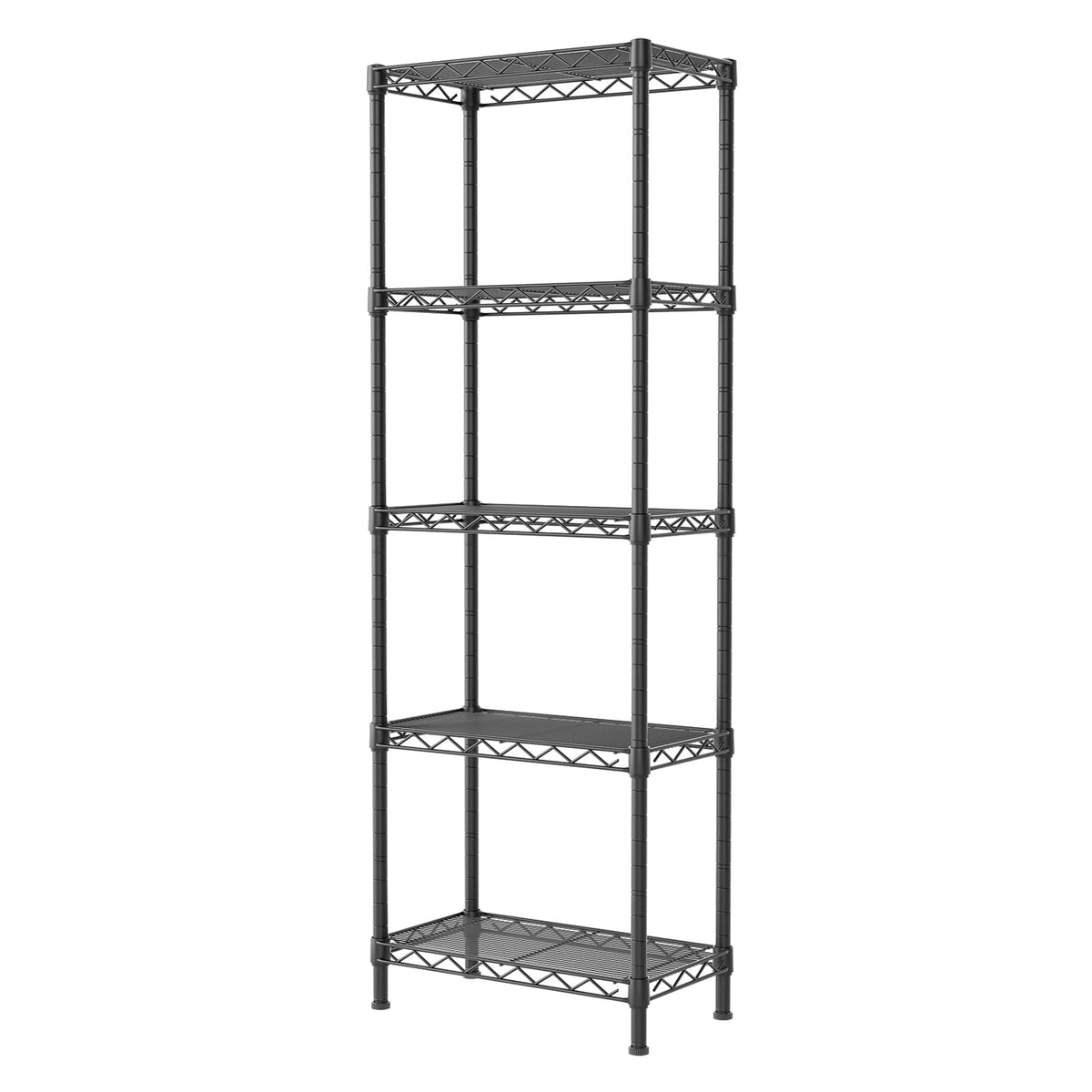 SINGAYE metal shelving in black, front view showing sturdy frame and space-saving mesh storage.