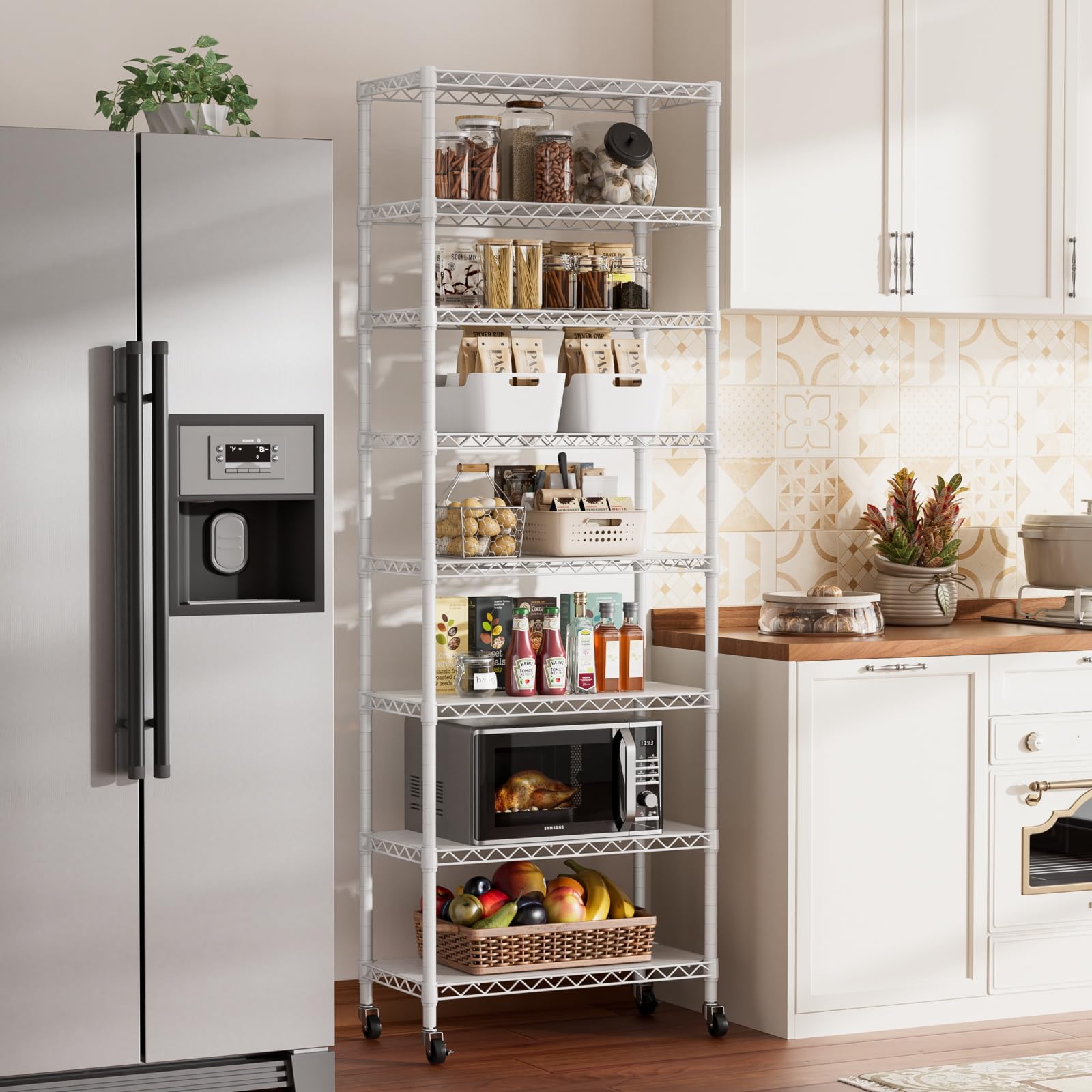 SINGAYE metal shelving unit in a pantry setting with adjustable heights