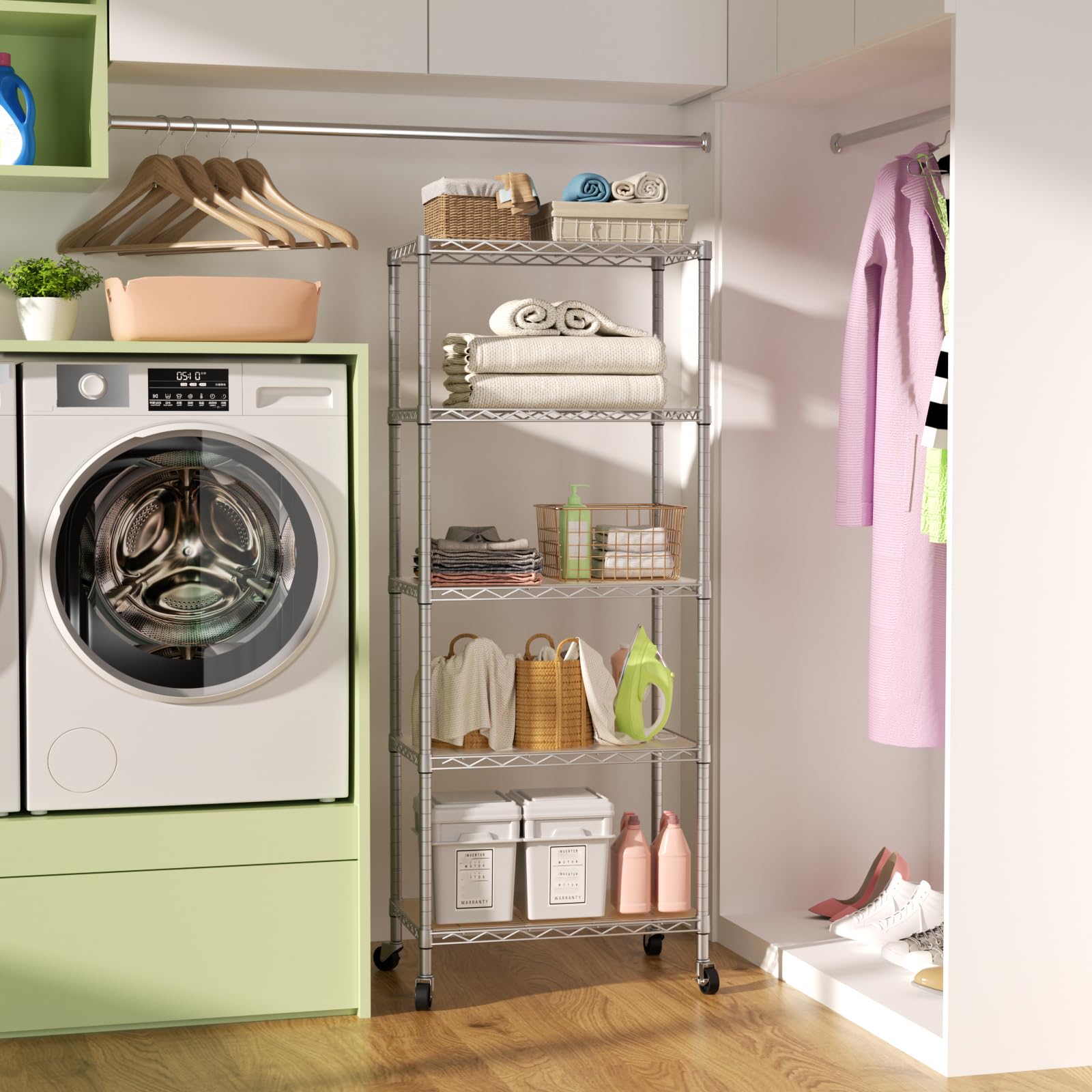 SINGAYE narrow storage shelving in a kitchen corner saves space.