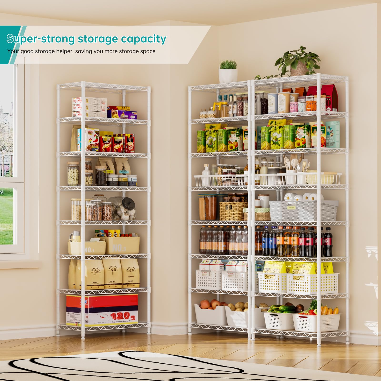 SINGAYE white finish shelving unit blends with a clean laundry area