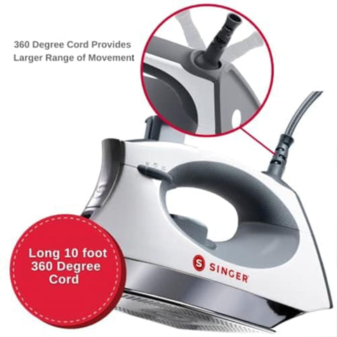 SINGER SteamCraft iron heat dial with fabric settings for versatile ironing.