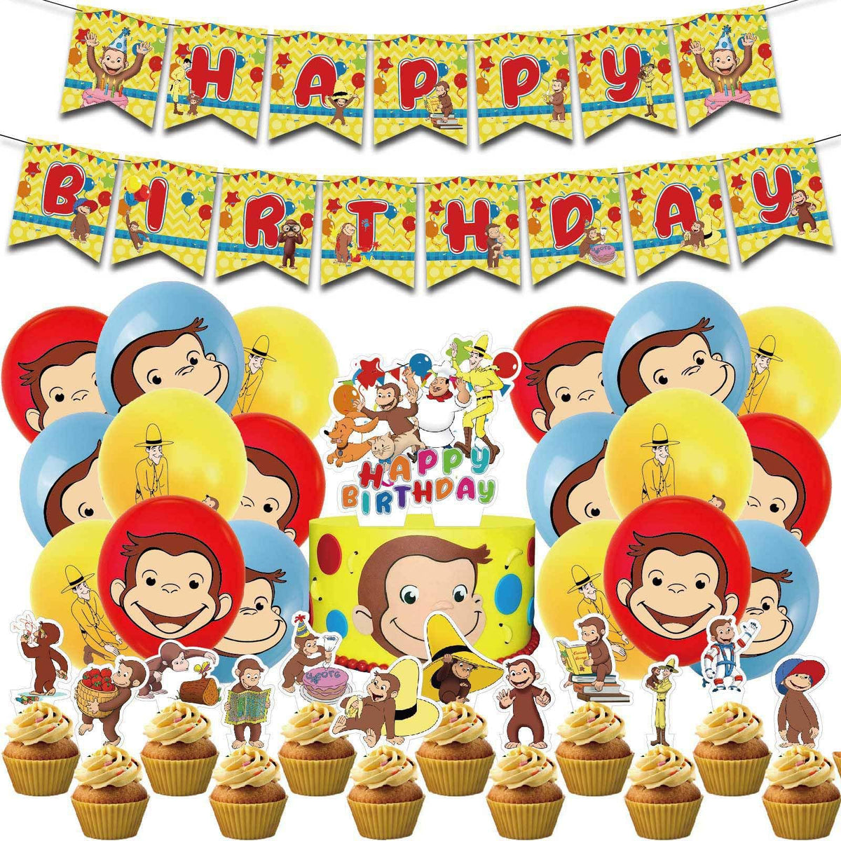 Sinrier Curious George banner decor for a festive monkey-themed party setup.