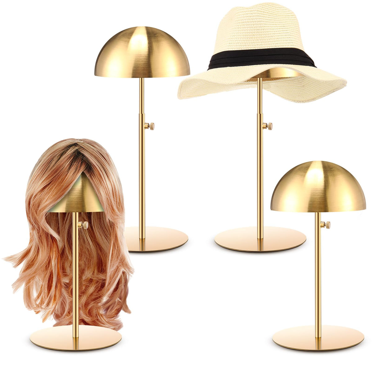 Sintuff hat display stand with gold round base to organize hats clearly.