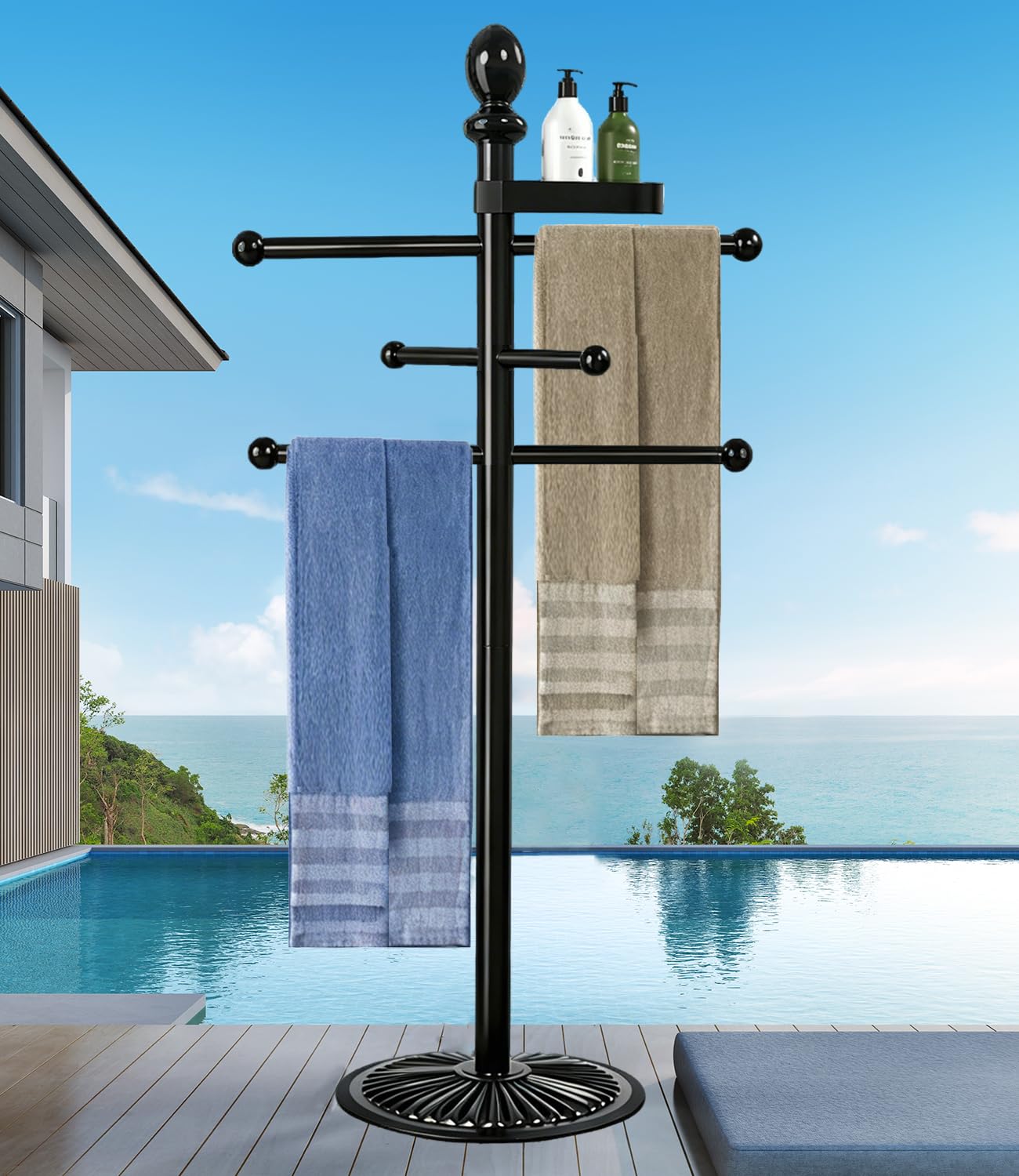 Sinyzope pool towel rack with 6 bars keeps towels tidy and dry by the pool.