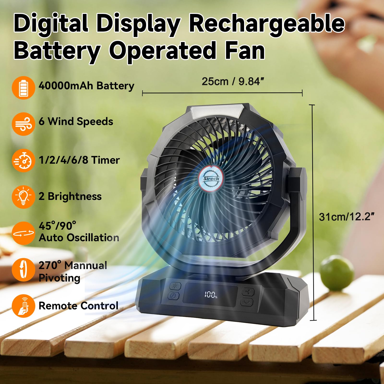 Sireck tent fan with integrated LED lantern for night visibility.