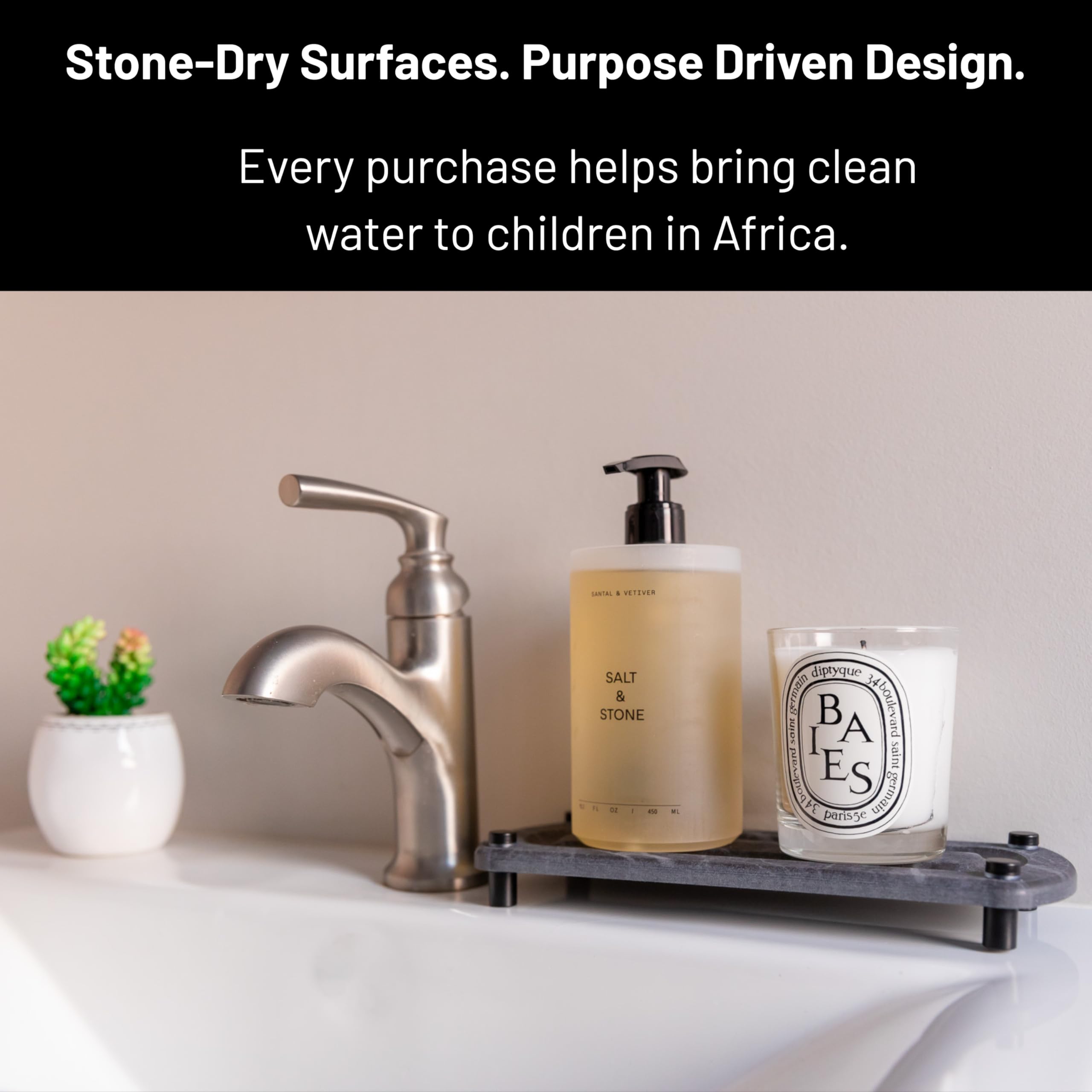 Siren Stone caddy elevates to protect countertops from water damage.