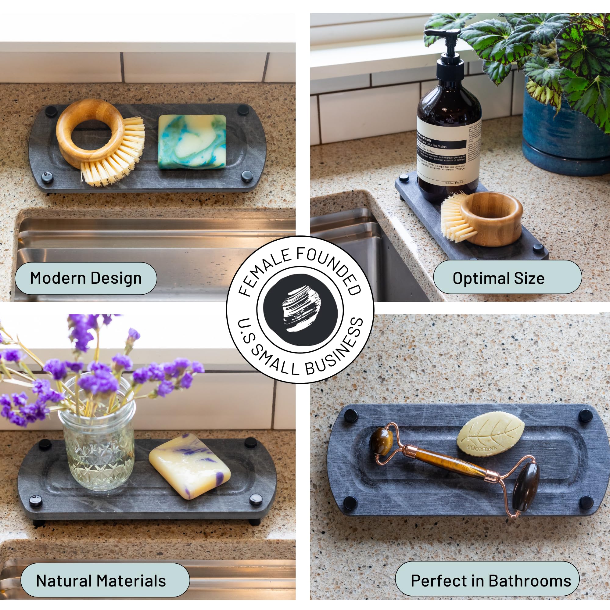 Siren Stone caddy neatly organizes soaps, sponges, and brushes in kitchen or bathroom.