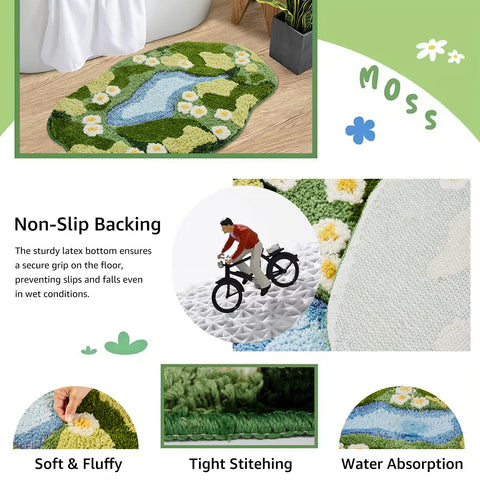 Sisher Moss Bath Mat on bathroom floor demonstrates wide coverage and fit.