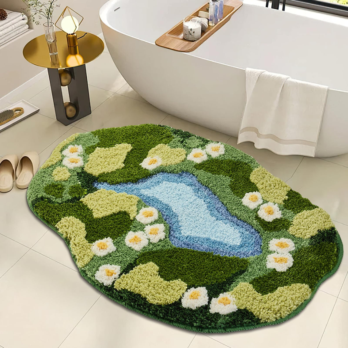 Sisher Moss Bath Mat close-up texture highlights plush pile for quick moisture absorption.