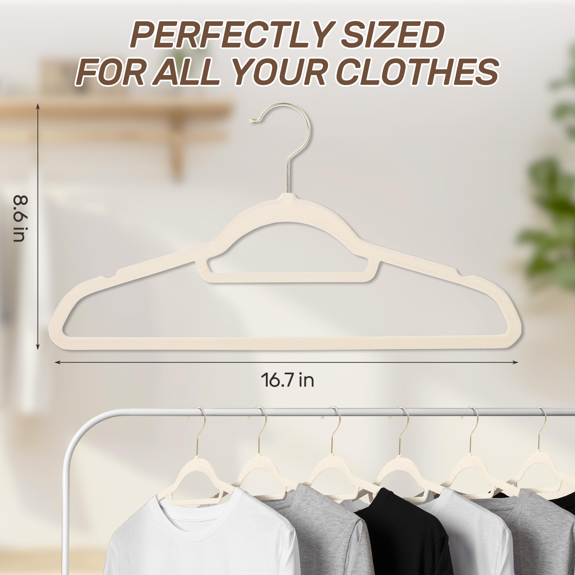 Sishynio 30-pack beige velvet hangers organized closet essentials.