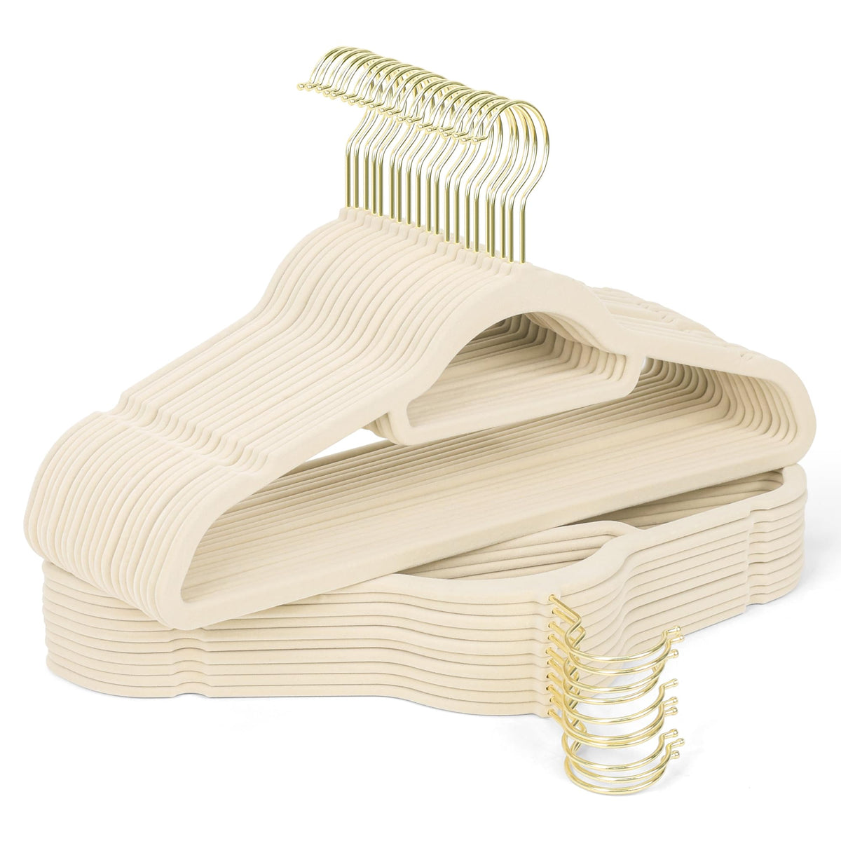 Sishynio velvet hangers with gold hooks cradle a beige dress, preventing slips and wrinkles.