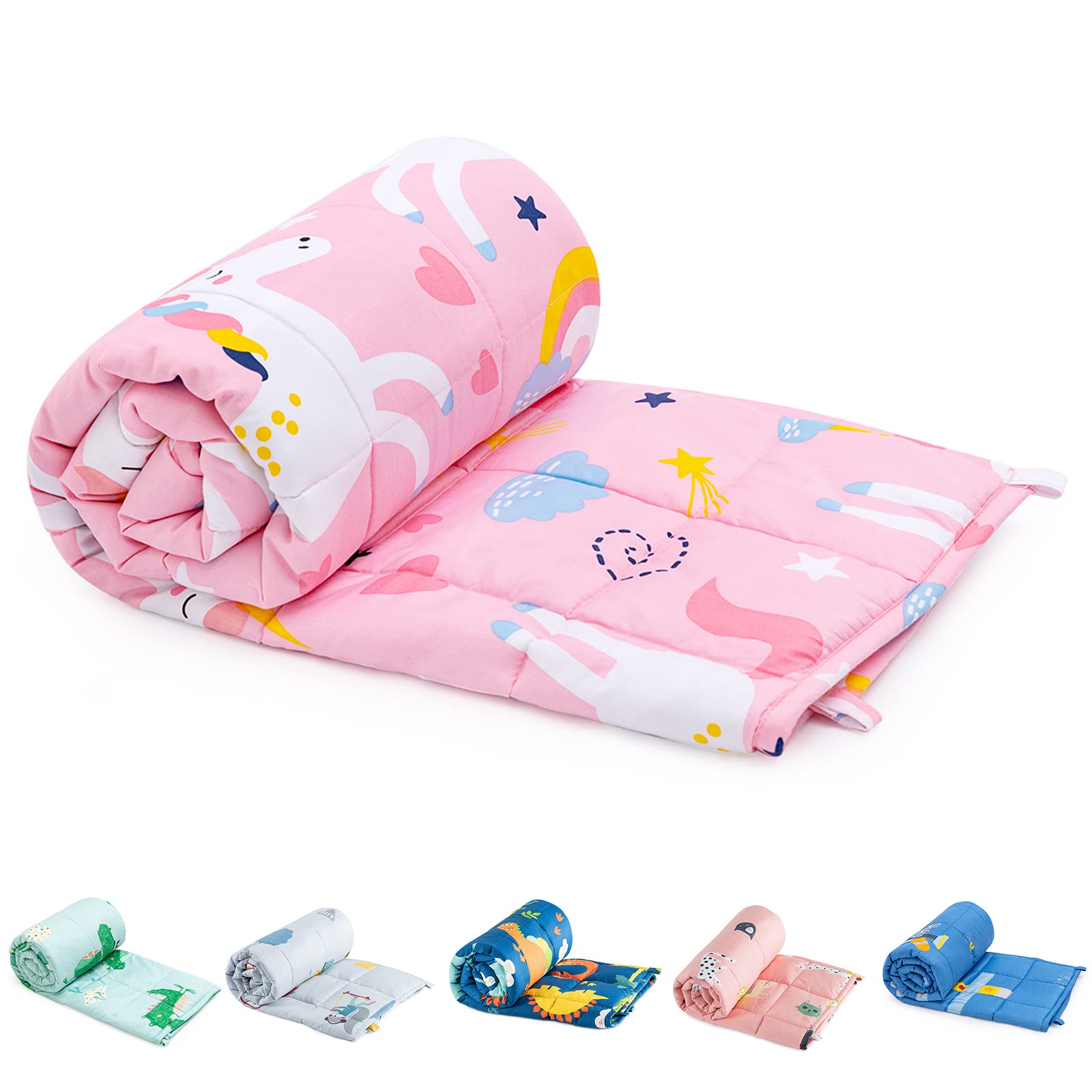 Sivio weighted blanket on a bed in pink unicorn design for cozy evenings