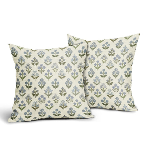 Sivirary blue green block print pillow cover back view showing double sided pattern