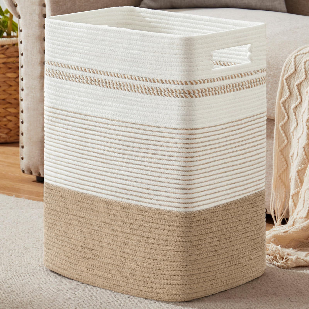SixDOVE 80L cotton rope laundry basket, front view, spacious storage for laundry and blankets.