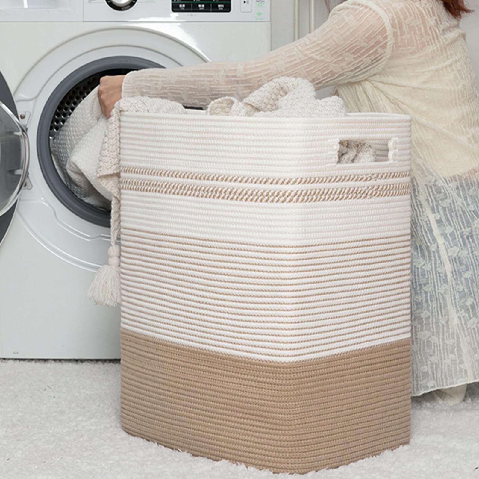 Neutral aesthetic complements bedroom decor and storage needs.