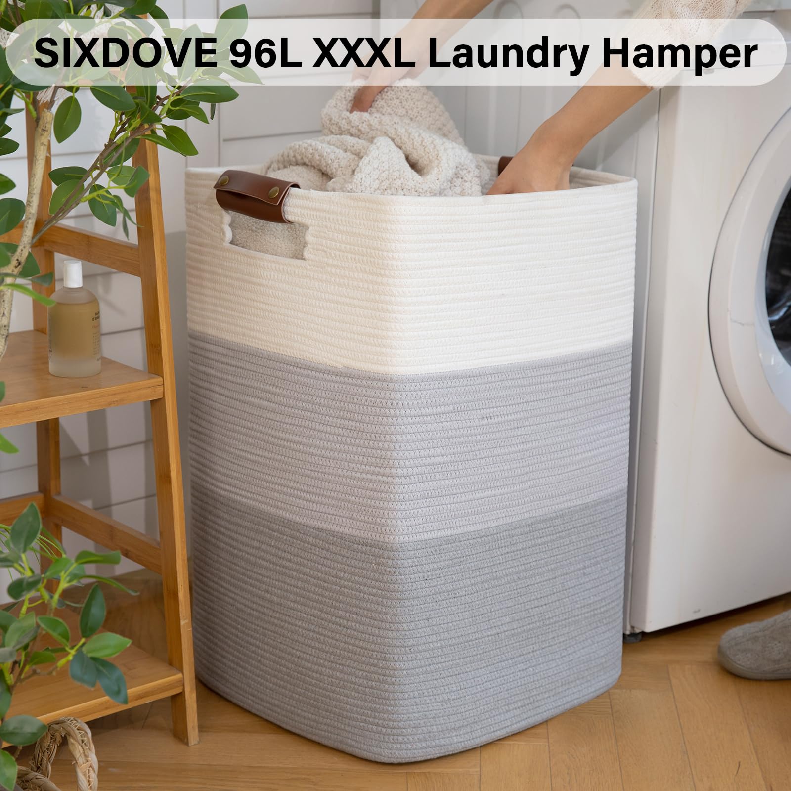 SIXDOVE cotton rope basket with leather handles for durable, stylish organization.