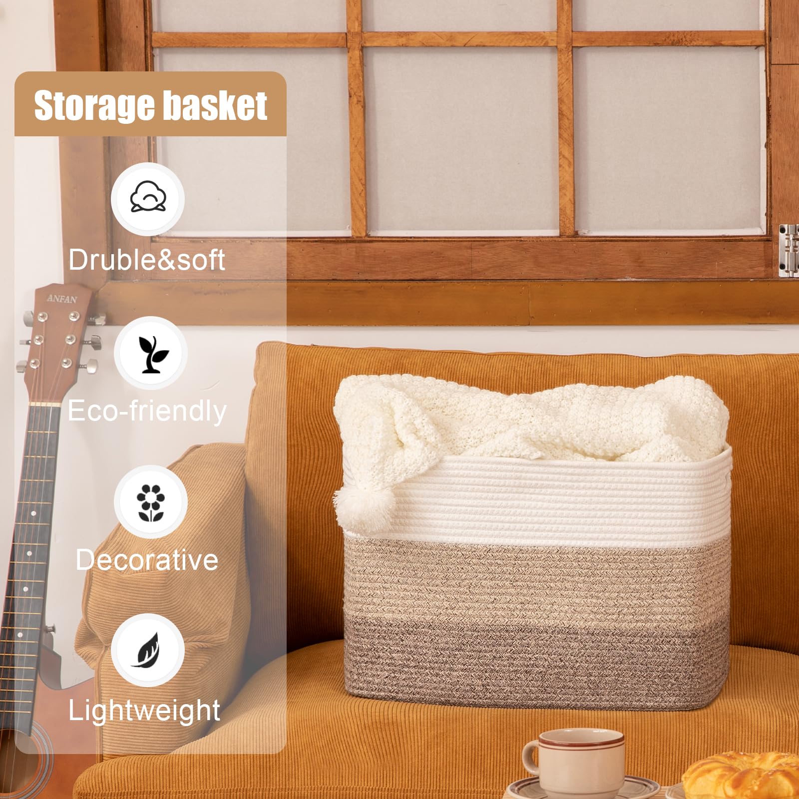 Living room SIXDOVE basket adds organization with decorative stitching.