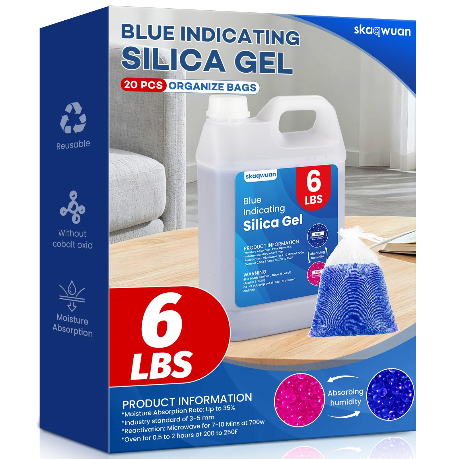 Skaqwuan 6 lbs blue indicating silica gel beads absorb moisture to keep items dry.