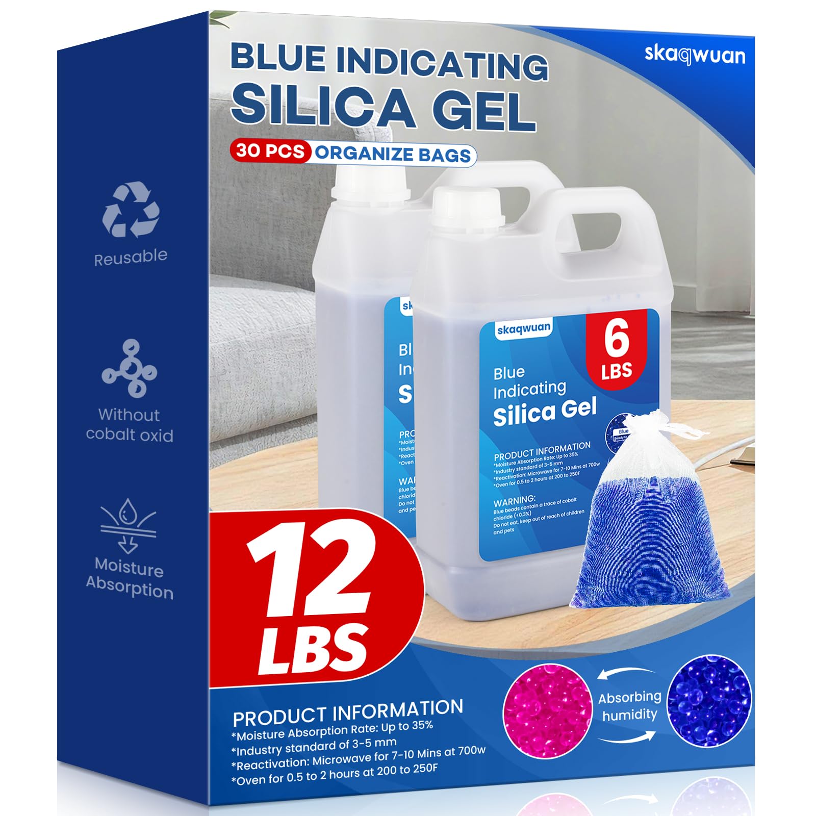 Skaqwuan blue-indicating silica gel beads monitor moisture levels.