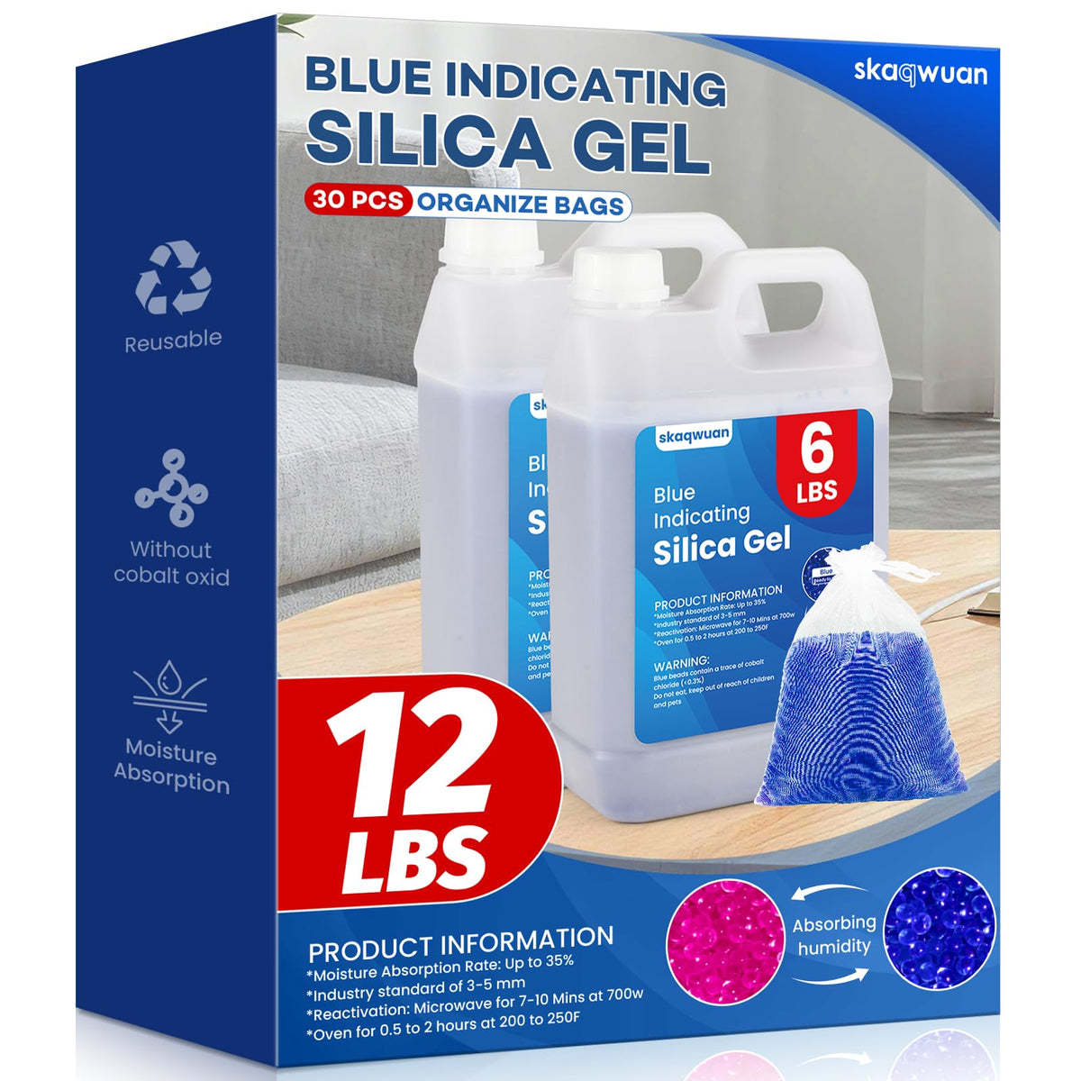 Skaqwuan blue-indicating silica gel beads monitor moisture levels.